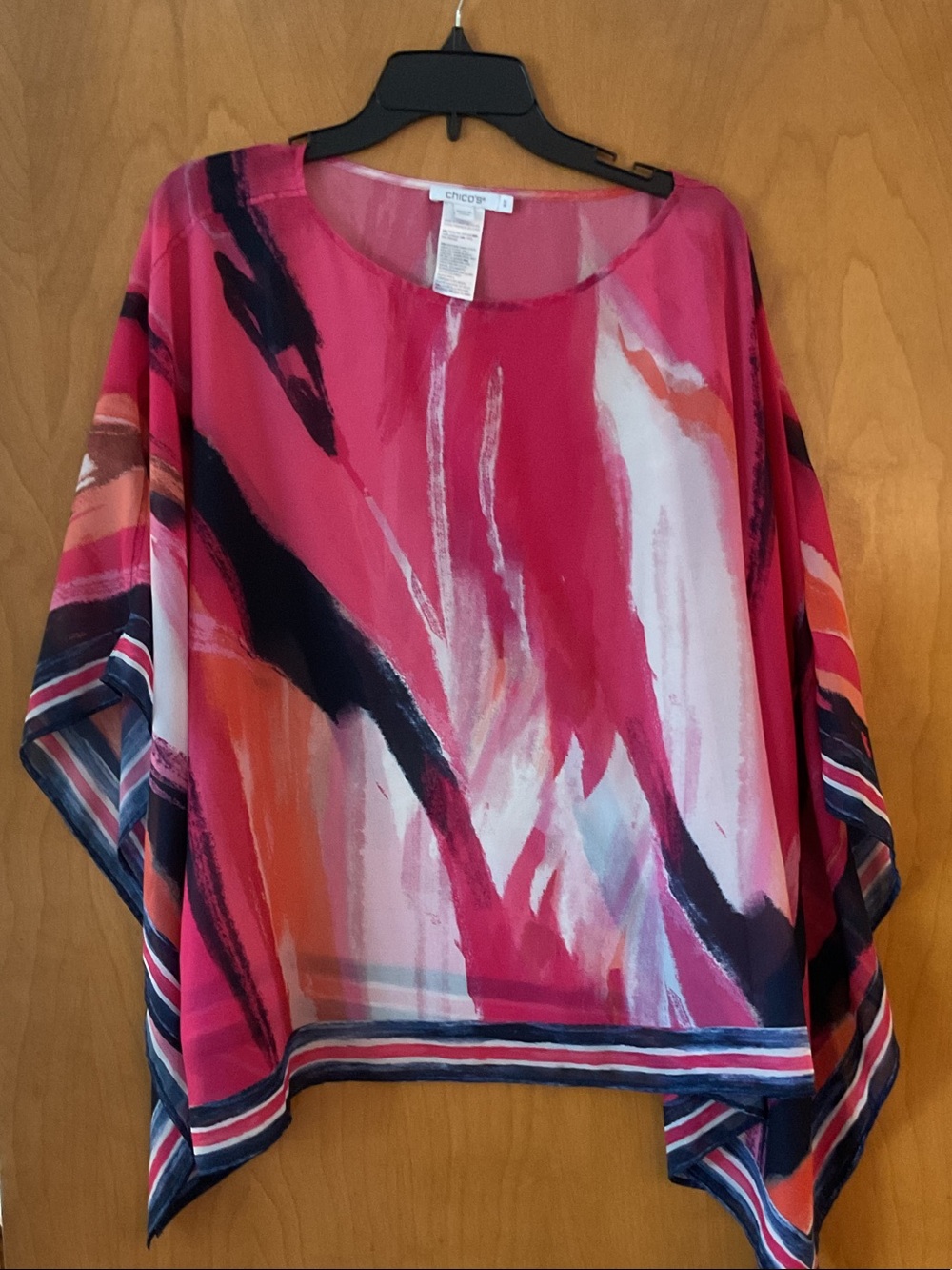 Chico's Fuchsia & White Brushstroke Sheer Top Poncho S/M